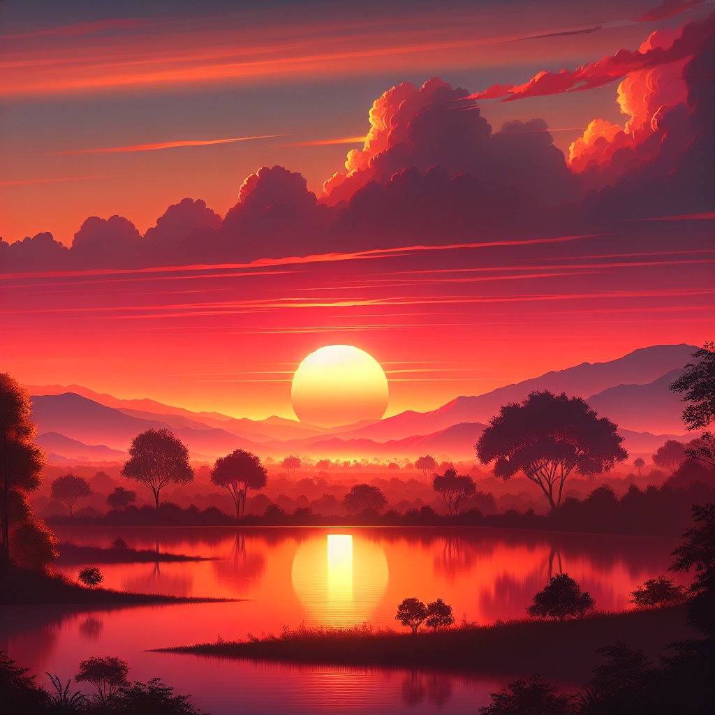 A breathtaking sunset over a tranquil lake, with vibrant orange and pink hues reflecting on the water, framed by silhouetted trees and distant mountains.